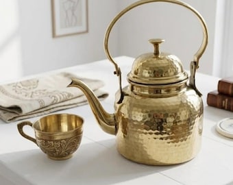Brass Tea Set with Kettle and 6 Cups Saucers, Hammered Brass Teapot 500ml and 1000ml, Vintage Indian Tea Set, Luxury Tea Party Set