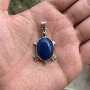 Può includere: Ciondolo a forma di tartaruga color argento con una grande pietra ovale blu scuro al centro. Il ciondolo ha un'asola per una catena e dettagliati disegni di pinne e coda. Un gioiello unico.