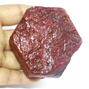 May include: A rough, uncut ruby gemstone with a deep red color. The surface has a textured appearance, with visible crystalline structures. The gemstone is held in a hand against a white background, highlighting its natural beauty.