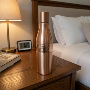 Pure copper drinkware bottle with polished finish, sustainable kitchen accessory and healthy lifestyle product.