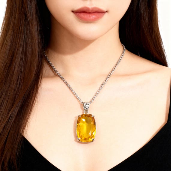 Natural Yellow Sapphire Pendant in Silver 100-110Ct– Prosperity & Success Gemstone, Jupiter Stone for Wisdom, Energy Healing Jewellery Gift