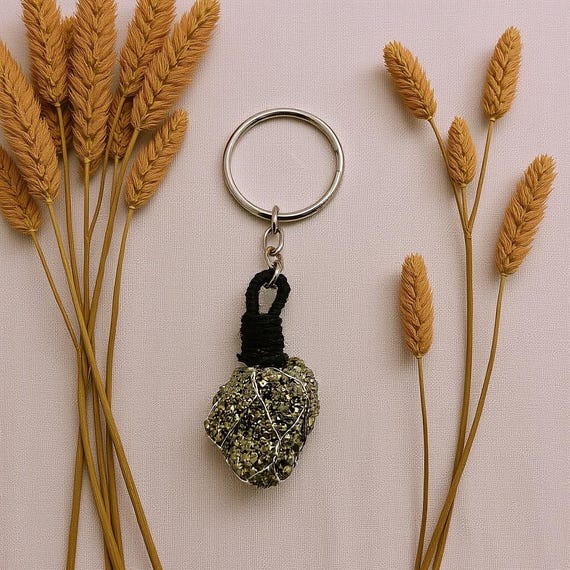 Raw Pyrite Crystal Keychain | Natural Fool’s Gold Stone Amulet for Wealth, Protection, Positivity & Success Energy Healing