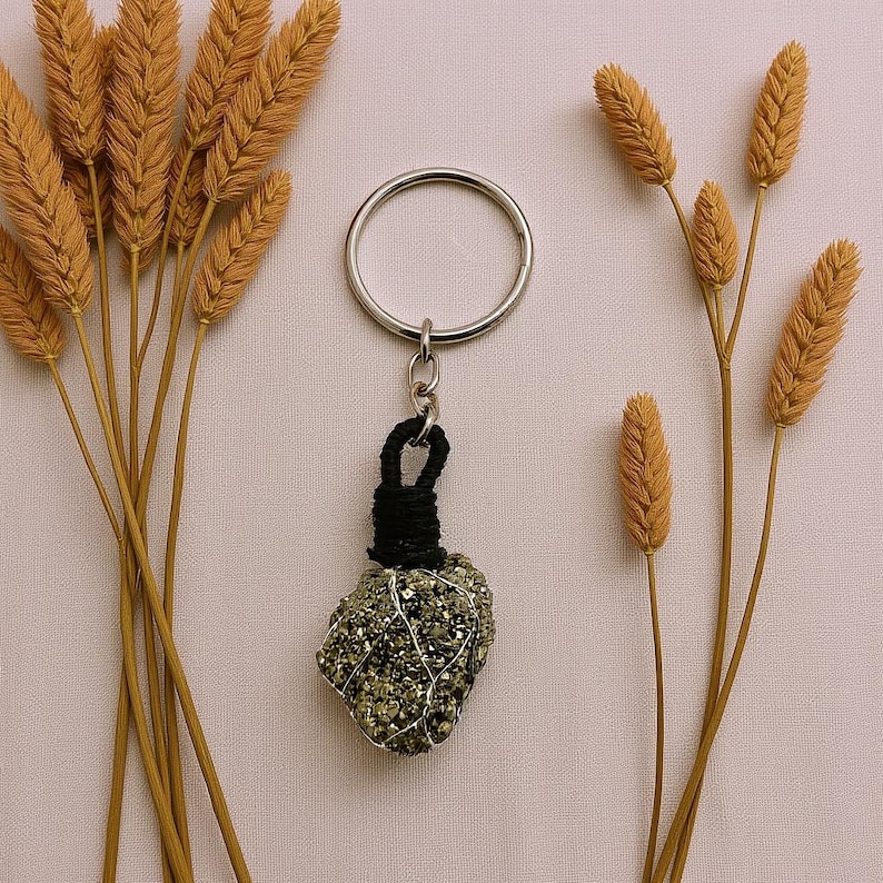 natural fools gold gemstone keychain close-up