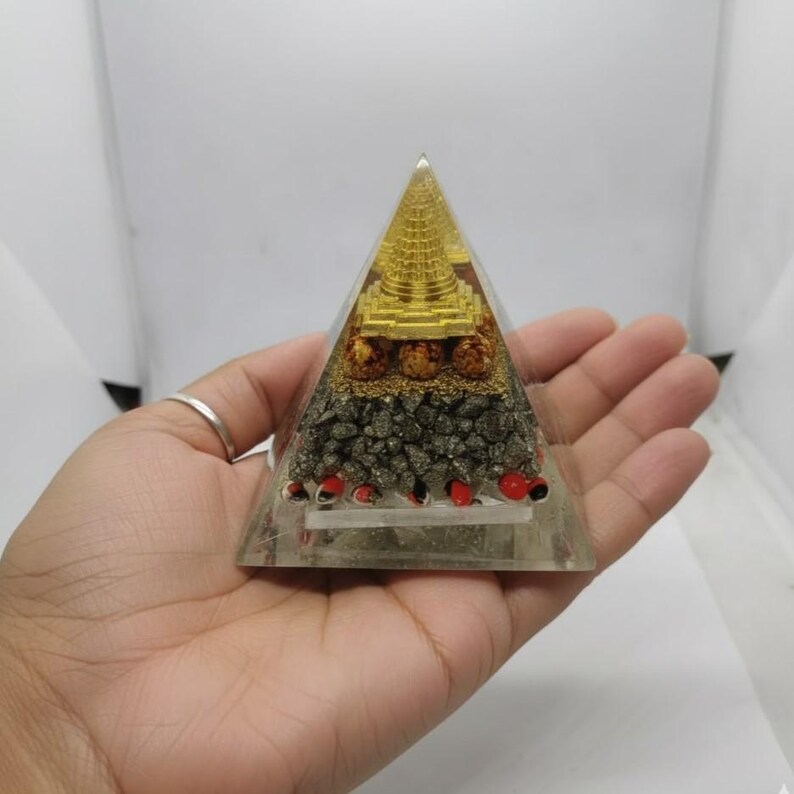 Crystal Orgone Pyramid with Shree Yantra | Vastu Energy Tool | Handmade Pyramid with Pyrite, Rudraksha & Red Stones | Chakra Balancing Home Décor | Healing Meditation Gift
