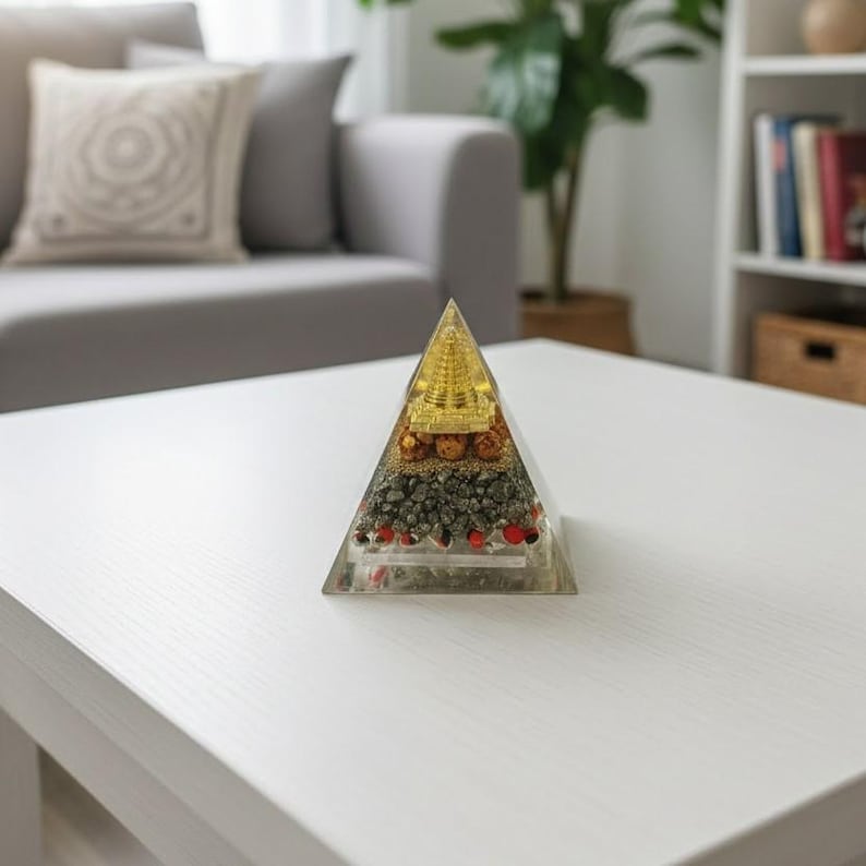 Handmade Shree Yantra Orgone Pyramid | Reiki Energy Tool with Golden Meru, Crystal, Pyrite, Rudraksha | Meditation Decor & Vastu Gift | Positive Energy Pyramid