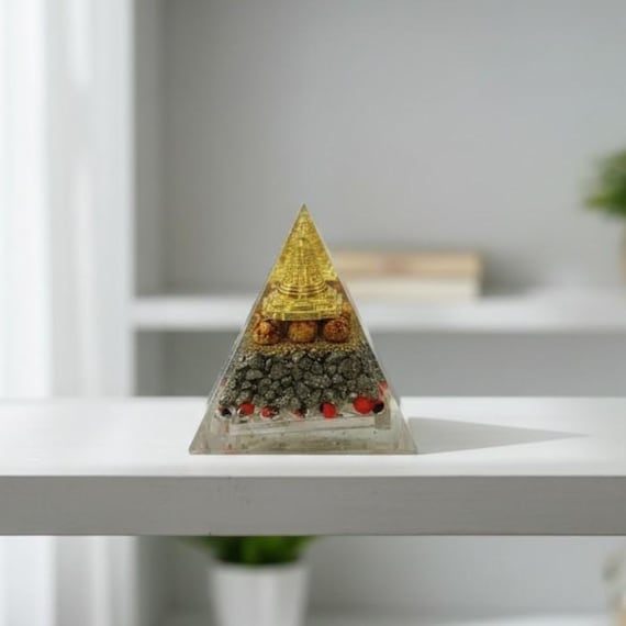 Premium Shree Yantra Orgone Pyramid for Meditation | Golden Meru Energy Crystal with Rudraksha, Pyrite & Red Stones | Vastu Home Decor Gift