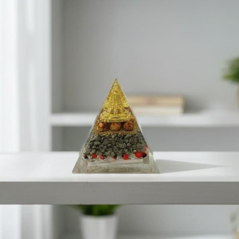 Orgone Shree Yantra Pyramid | Golden Meru Crystal with Pyrite & Rudraksha | Energy Generator Pyramid for Home Office Vastu | Handmade Spiritual Gift | Chakra Healing Meditation Tool