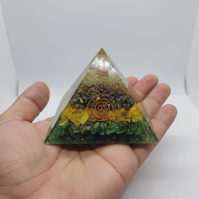 Green aventurine, citrine, and black tourmaline energy pyramid