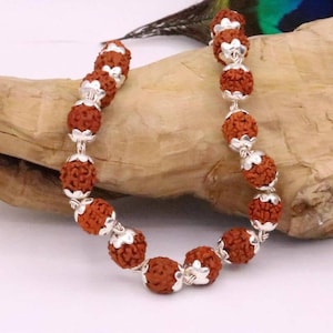Handmade Solid Silver 6mm Natural 5 Face Rudraksha Bracelet with Diamond Cut Cap – Divine Spiritual Jewelry (Special Edition) |Free Delivery