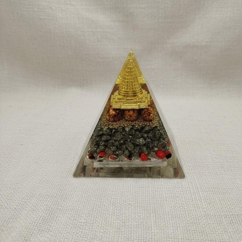 Shree Yantra Energy Pyramid | Handmade Orgone Pyramid Golden Meru | Chakra Reiki Gift | Spiritual Meditation Tool | Pyrite & Rudraksha Pyramid for Positive Vibes