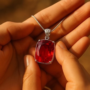 May include: A silver necklace with a large, rectangular, red gemstone pendant. The pendant is set in a silver frame and hangs from a delicate chain. The gemstone is a vibrant, deep red color.