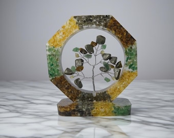 Natural Orgonite Crystal Tree of Life Sculpture | Citrine Tiger Eye Green Aventurine Gem Tree | Prosperity Healing Energy Home Decor