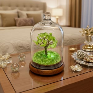 Op de afbeelding: Een decoratieve glazen stolp met een miniatuur boomsculptuur. De boom heeft groene kristallen bladeren en staat op een bed van groene kristallen, op een houten voet. De stolp staat op een houten tafel met andere decoratieve items.