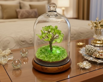 Handmade Peridot Gemstone Tree in Glass Dome – Crystal Bonsai for Meditation, Relaxation and Abundance | Energy Gift for Home or Office