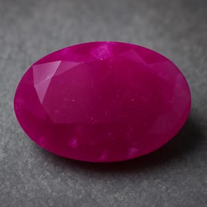 May include: A faceted, oval-shaped ruby gemstone. The gem is a vibrant, deep pink color with multiple facets that catch the light. The gemstone is set against a gray background.