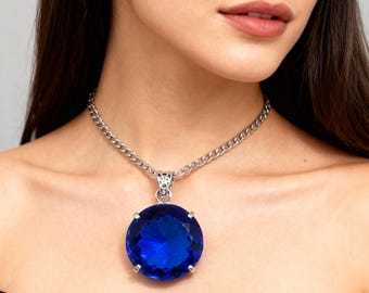 Deep Blue Sapphire Pendant Round Cut 100–110 Ct | Natural Gemstone Necklace | Wisdom & Protection Crystal | September Birthstone Gift