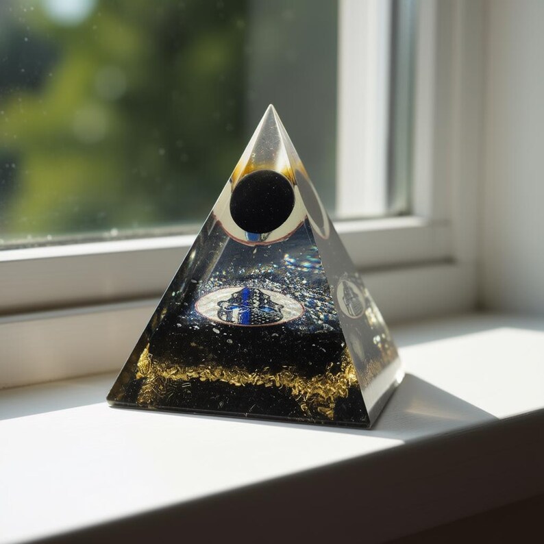 Black tourmaline orgone pyramid placed on hand close-up