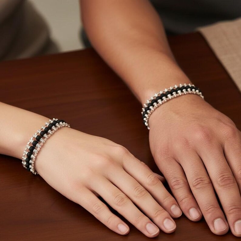 Handmade Karungali Healing Bracelet | Black Wood Spiritual Bracelet | Traditional Protection Jewelry | South Indian Vastu Bracelet with Silver Detailing | Gift for Men & Women