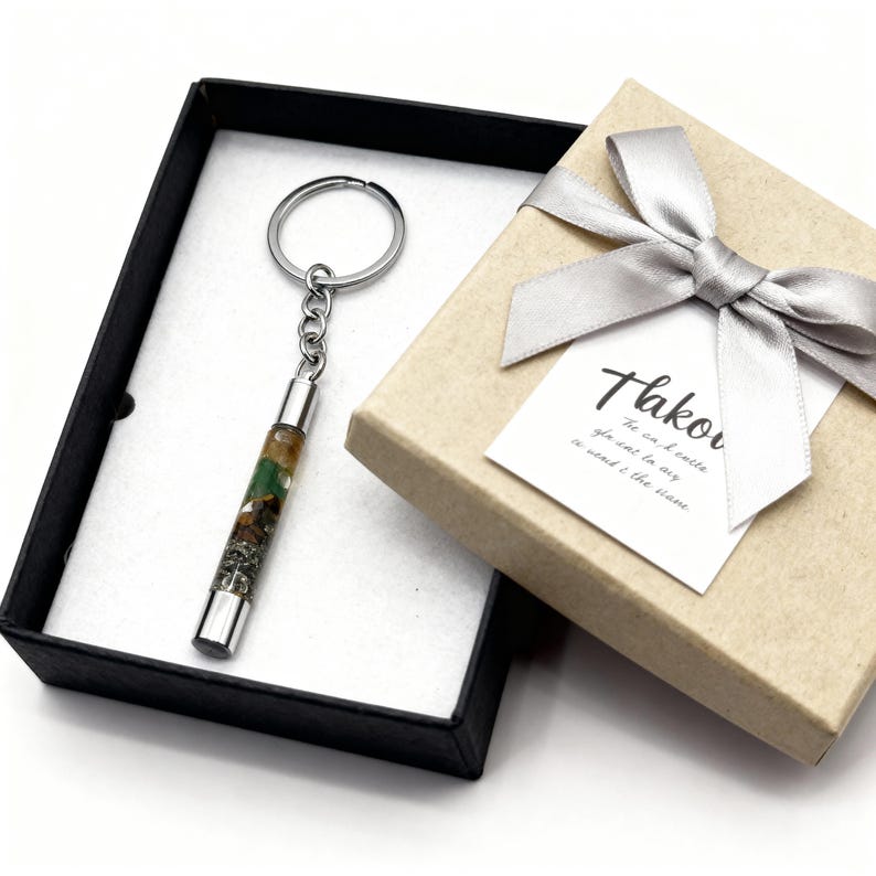 prosperity keychain with mixed gemstones and metal frame