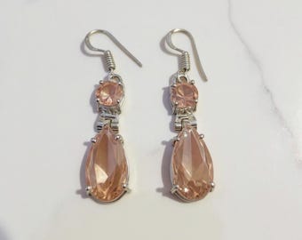 Peach Morganite Dangle Earrings | Elegant Drop Earrings | Peach Teardrop Jewellery | Bridesmaid Gift | Handmade Peach Earrings for Women