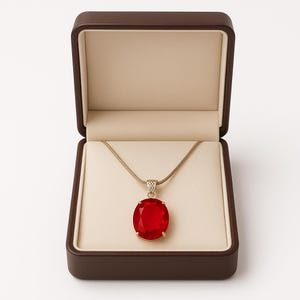 Op de afbeelding: Een gouden ketting met een grote, ovale, rode edelsteen hanger, gepresenteerd in een open bruine sieradendoos met een beige interieur. De hanger is het centrale element, dat het licht vangt. De doos biedt een contrasterende achtergrond voor de ketting.