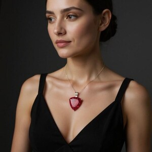 Pode incluir: Um colar de corrente dourada com um grande pingente triangular de pedra preciosa vermelha. O pingente é de cor vermelha vibrante e é cravejado em uma moldura dourada. O colar é usado por uma pessoa que usa um vestido preto.