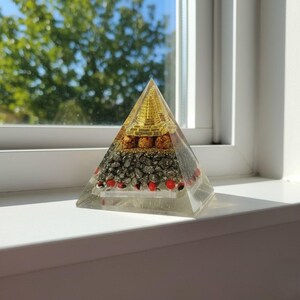 Orgone Energy Pyramid | Shree Yantra Meru Pyramid with Rudraksha & Pyrite | Reiki Meditation Tool | Vastu Correction Pyramid | Handmade Spiritual Gift for Home Protection
