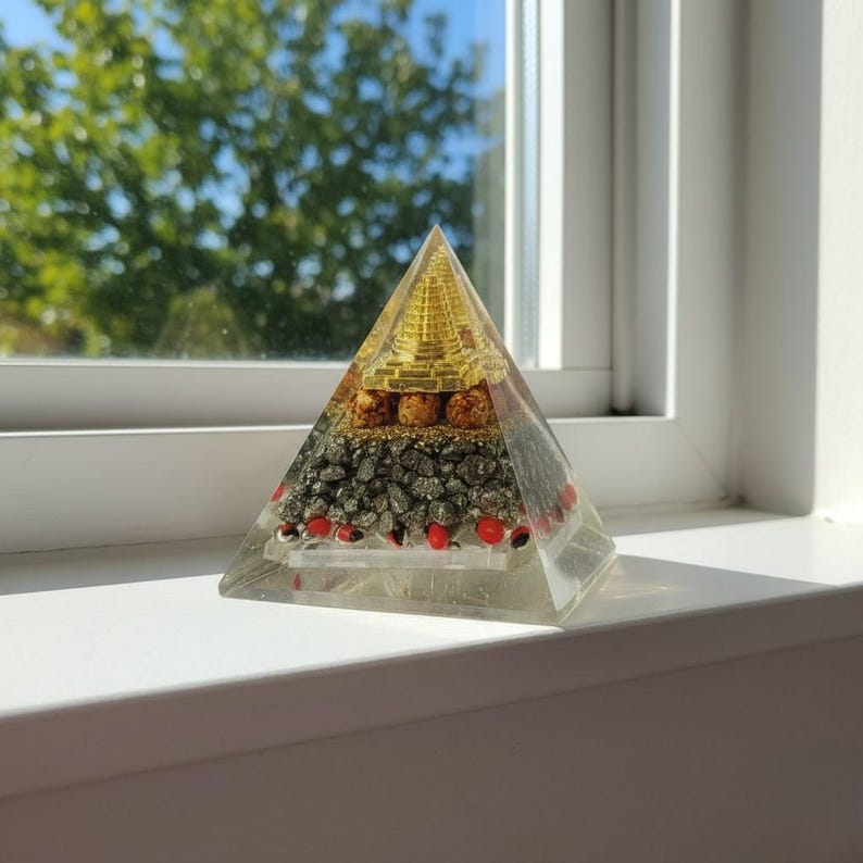 Orgone Energy Pyramid | Shree Yantra Meru Pyramid with Rudraksha & Pyrite | Reiki Meditation Tool | Vastu Correction Pyramid | Handmade Spiritual Gift for Home Protection