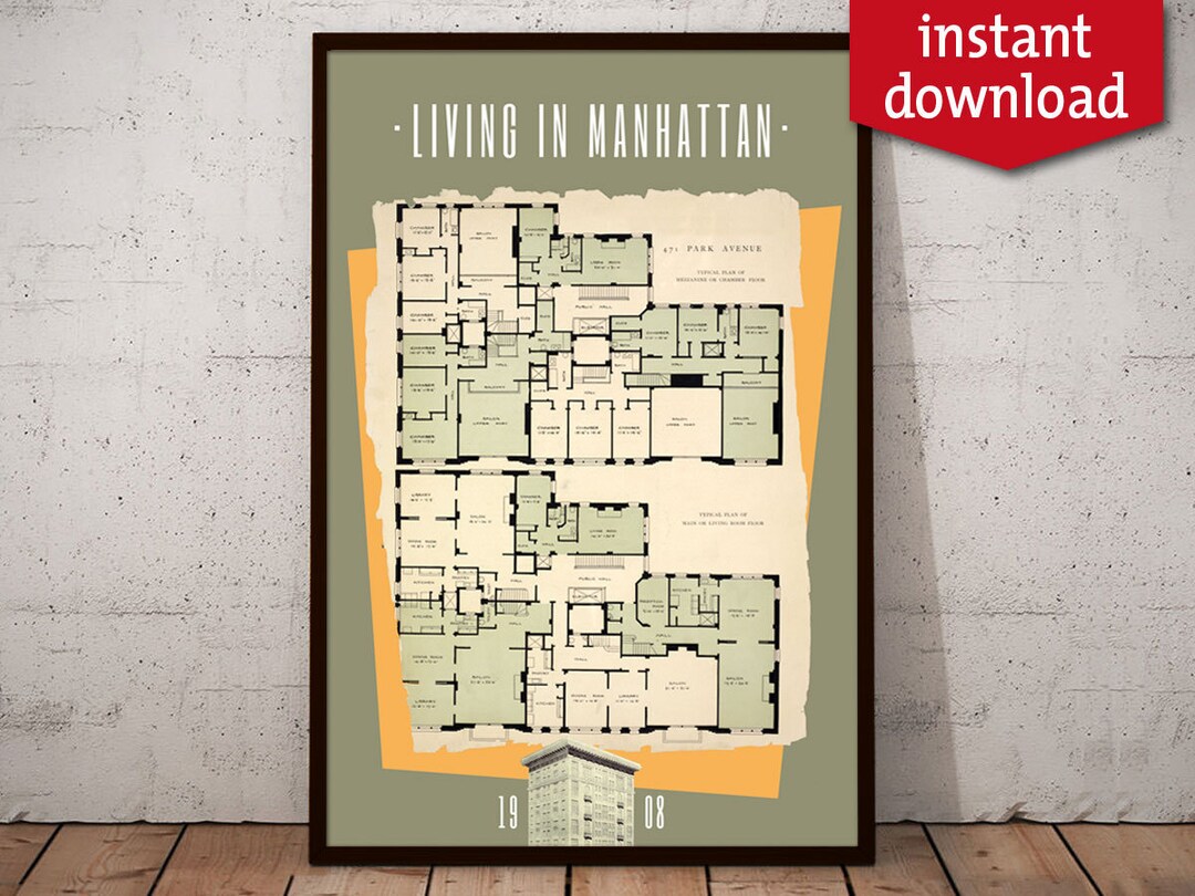 Poster Manhattan Floor Plan Parkavenue Vintage Wall Art Download Etsy