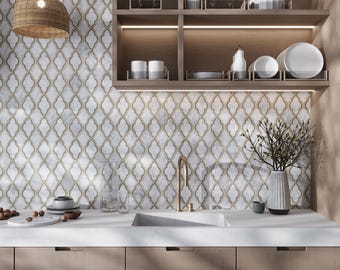 White Wooden Gray 4 x 5 Polished Arabesque Marble Mosaic Tile - Sample