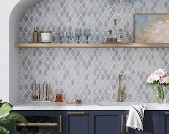 Soft Gray White 4 x 5 Polished Arabesque Marble Mosaic Tile - Sample
