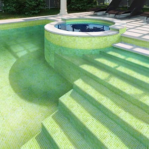 May include: A green tiled swimming pool with a small, round, green tiled hot tub and steps leading into the pool.