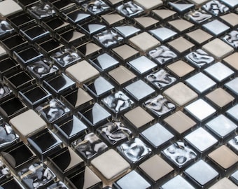 Blue 12x12 Glossy Textured Square Glass Metal Mosaic Tile (5 pack, 4.75 sq ft/case) - Sample
