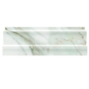 May include: Two white marble tile trim pieces with a green and gold veining pattern.