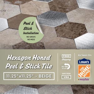 May include: Hexagon honed peel and stick tile in beige. The tiles are in a honeycomb pattern with a mix of beige, brown, and silver tones. Each tile measures 11.25" x 11.25". The image also includes text that says "Peel & Stick Installation".