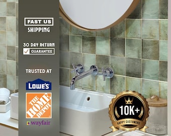 May include: A modern bathroom sink with chrome fixtures, set against a backdrop of square green tiles. The image includes text that says "Trusted at Lowe's, The Home Depot, Wayfair" and "10K+ Happy Customers."