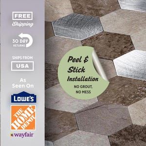 May include: Hexagonal peel and stick tiles in shades of gray, brown, and beige. The tiles have a textured appearance, with some sections appearing metallic. The image includes text that says "Peel & Stick Installation" and "No Grout, No Mess."