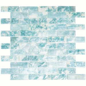 May include: A mosaic tile sheet featuring a brick pattern. The tiles are a mix of light blue and white, with a textured, marbled appearance. The tiles are arranged in a staggered, horizontal pattern.