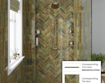 Olive Green 0.5x8 Glossy Ceramic Pencil Tile Trim (10 pack, 0.7 sq ft/case)