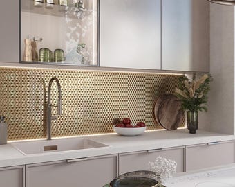 Mosaico de vidrio triangular uniforme brillante de 4 x 5 en dorado brillante - Muestra