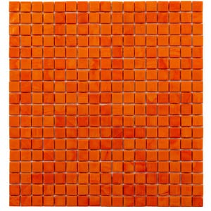 May include: Orange glass mosaic tiles in a square pattern. Each tile is about 1 inch by 1 inch.
