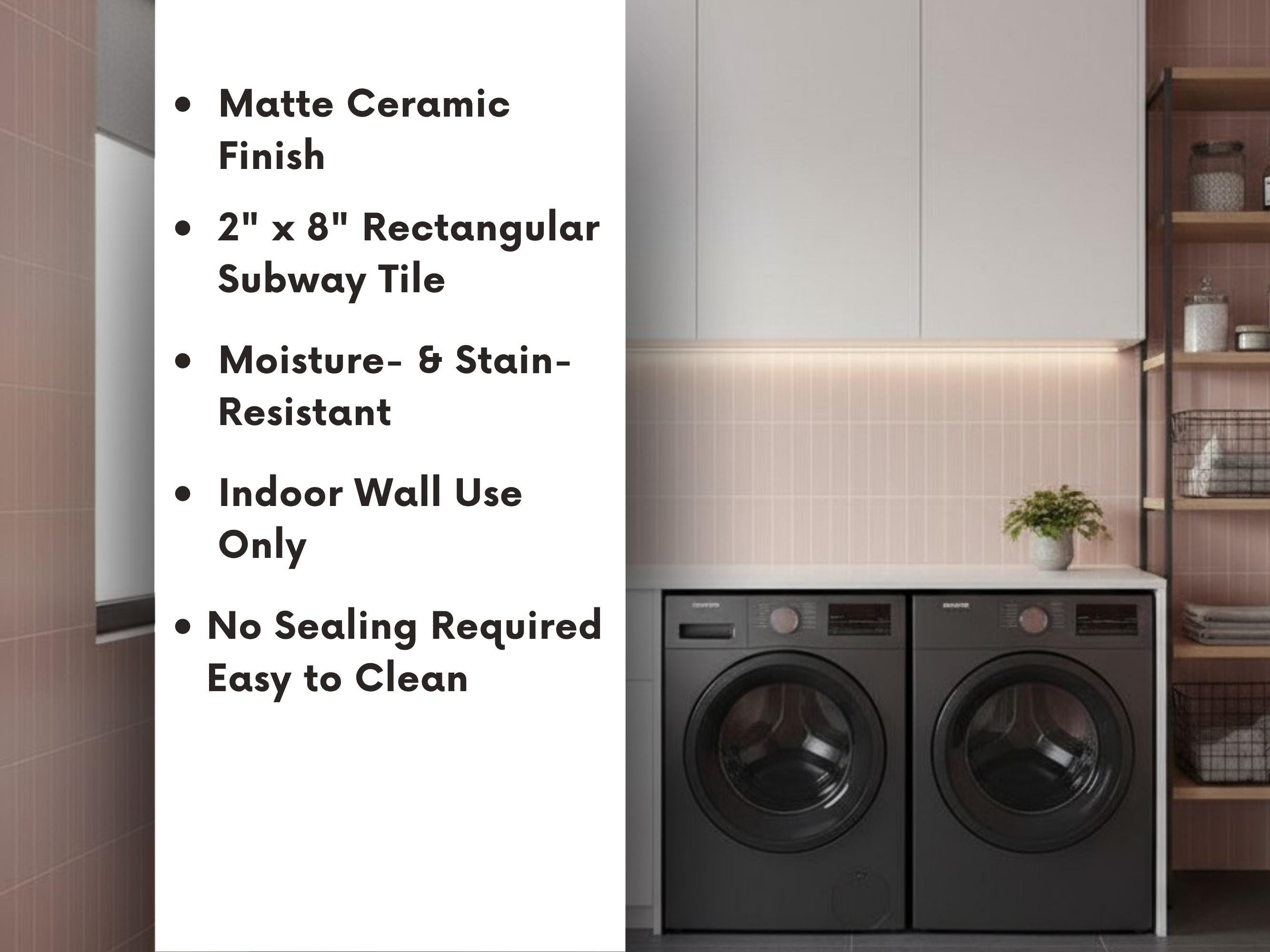Pink 2x8 Matte Ceramic Subway Tile Set, 60 Pack of Blush Wall Tiles for ...