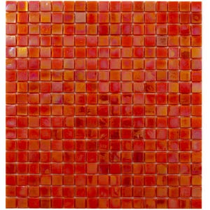 May include: A sheet of iridescent orange glass mosaic tiles. Each tile is square and measures approximately 1/2 inch by 1/2 inch.