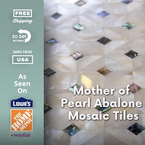 May include: Mother of Pearl Abalone Mosaic Tiles. The image shows a close-up of a mosaic tile design. The tiles are white with diamond-shaped inlays of iridescent abalone. The text "Mother of Pearl Abalone Mosaic Tiles" is visible.