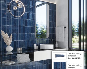 Blue 1x8 Glossy Ceramic Bullnose Tile Trim - Sample