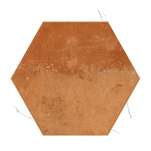 May include: A hexagonal terracotta tile with a rustic, orange-brown color and a mottled, textured surface.