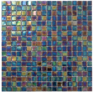 May include: A sheet of iridescent mosaic tiles in shades of blue, purple, and gold. Each tile is a square with a glossy finish.
