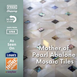 May include: Mother of Pearl Abalone Mosaic Tiles. The image shows a close-up of a mosaic tile design. The tiles are white with diamond-shaped inlays of iridescent abalone. The text "Mother of Pearl Abalone Mosaic Tiles" is visible.