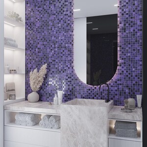 May include: A bathroom vanity with a white countertop and a large, oval mirror. The walls are tiled in a purple mosaic pattern. The vanity has two shelves, one on each side of the sink, and a shelf below the sink. The shelves are filled with towels and other bathroom accessories.