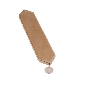 May include: A long, narrow, hexagonal tile with a textured, brown surface. The tile is about the size of a US quarter.